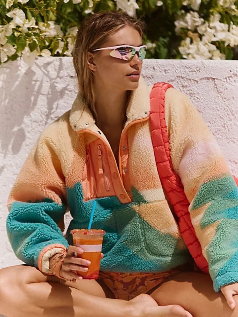 Free People Hit The Slopes Printed Fleece Pullover Jacket Sunfaded Horizon M